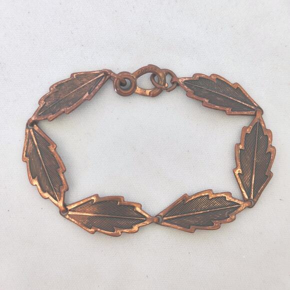 Copper Leaf Link Style Bracelet Clamp Style Clasp Approx. 7" Mid Century Vtg - Picture 3 of 6